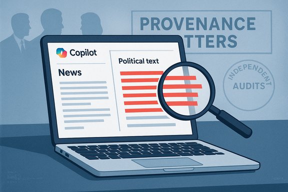 Laptop screen shows Copilot News with political text; a magnifying glass highlights provenance.