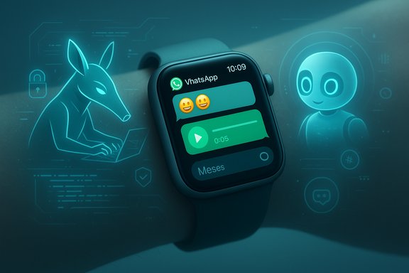 Smartwatch displays a WhatsApp chat, with neon cyber icons of a typing donkey and a friendly robot in the background.