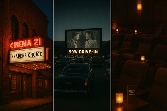 A triptych celebrating cinema: neon theater, starry drive-in, and candlelit screening room.