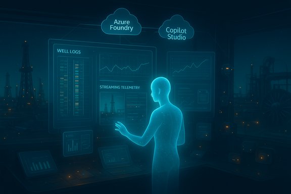 A holographic analyst monitors cloud-based dashboards in an oilfield control room.