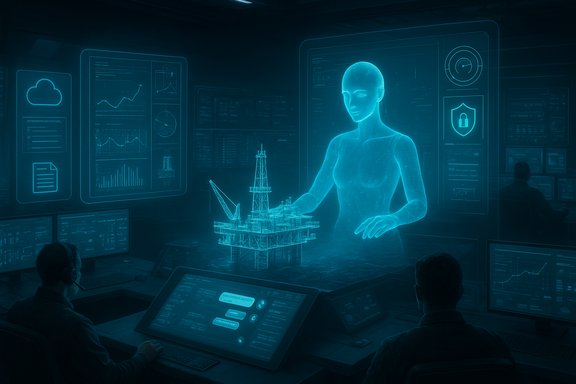 A holographic female assistant guides offshore rig operations from a high-tech command center.