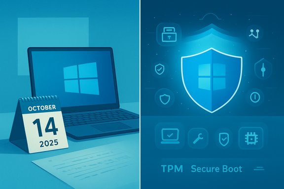 Windows laptop with Oct 14, 2025 calendar beside a shield logo representing TPM and Secure Boot security.