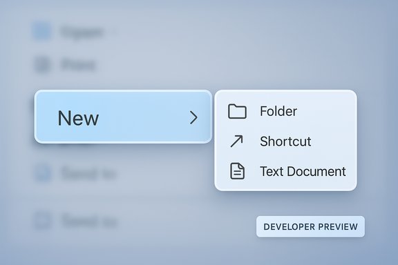 Blue 'New' button reveals a pop-out menu: Folder, Shortcut, Text Document (Developer Preview).