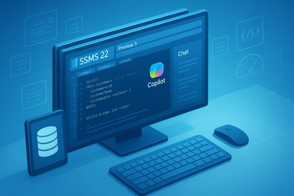 Blue 3D illustration of a computer setup with code on screen and the Copilot logo.