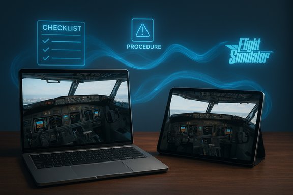 Laptop and tablet display cockpit panels for a flight simulator setup.