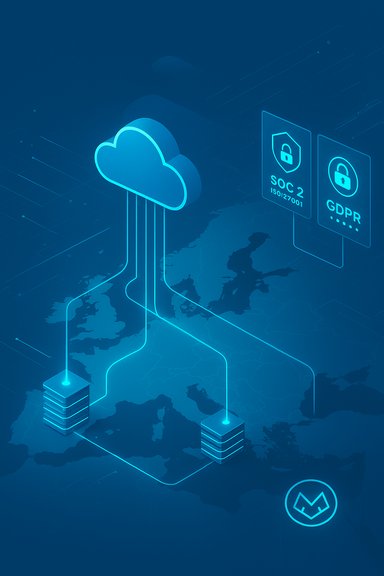 Neon blue cloud computing diagram connecting global servers with security icons.