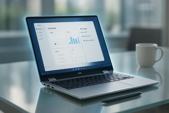 Dell laptop on a glass desk displaying a productivity dashboard, with a pen and mug nearby.