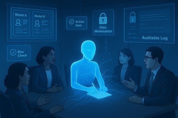 A blue holographic assistant takes notes at a boardroom meeting.