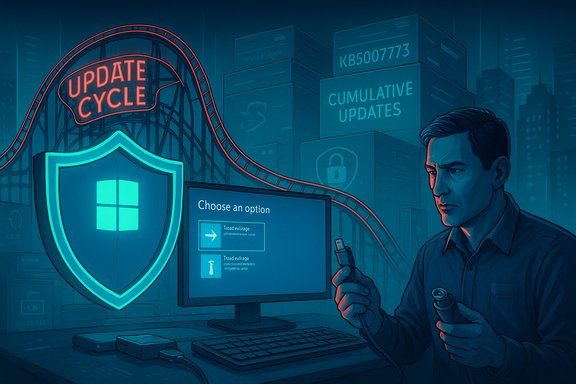 A man with a USB drive stands by a computer as neon 'Update Cycle' and a glowing shield symbolize cyber security.