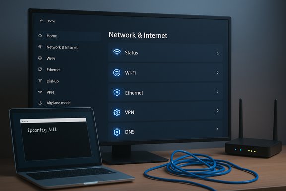 Monitor shows Network & Internet settings; laptop displays 'ipconfig /all' with a blue Ethernet cable nearby.