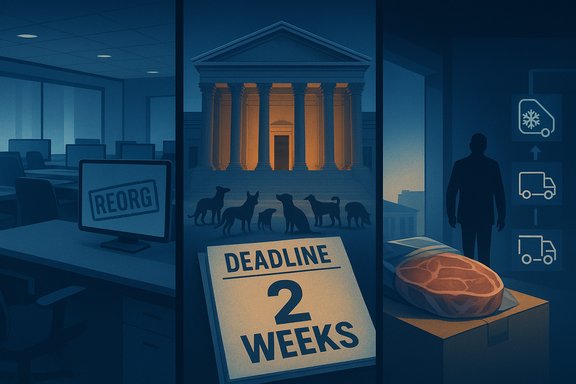 Blue-toned collage: office reorg, a two-week deadline before a columned temple with dogs, and logistics/bread imagery.