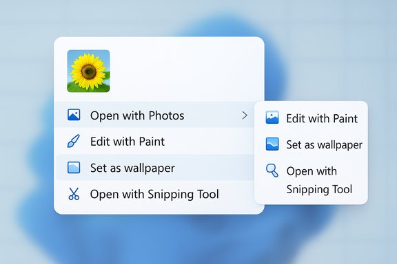 A floating app menu shows image actions like Open with Photos, Edit with Paint, and Set as wallpaper. A floating app menu shows image actions like Open with Photos, Edit with Paint, and Set as wallpaper.