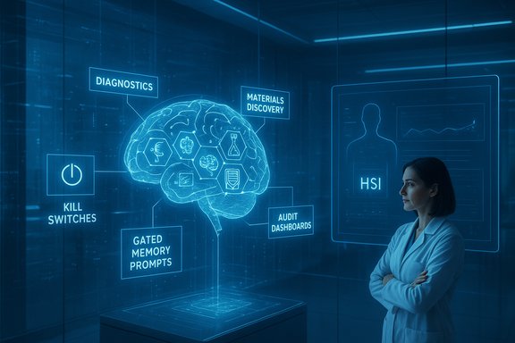 Scientist analyzes a holographic brain diagram with diagnostics and dashboards in a high-tech lab.