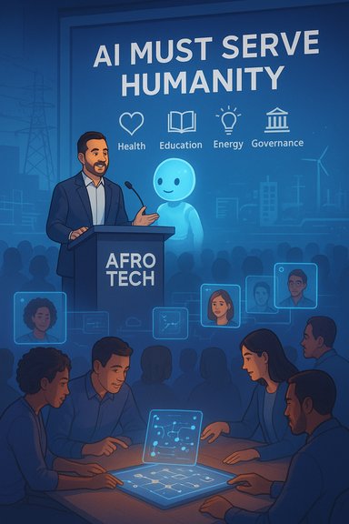 AfroTech event: speaker promotes AI to serve humanity in health, education, energy, and governance.