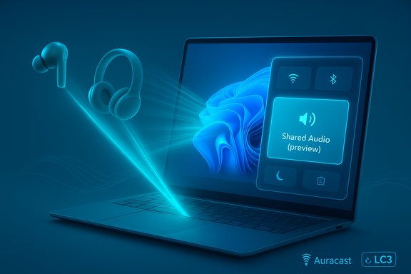 Futuristic blue laptop screen shows 'Shared Audio (preview)' streaming to wireless headphones.