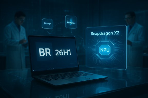 A laptop shows BR 26H1 while a holographic Snapdragon X2 NPU displays Driver and Firmware.