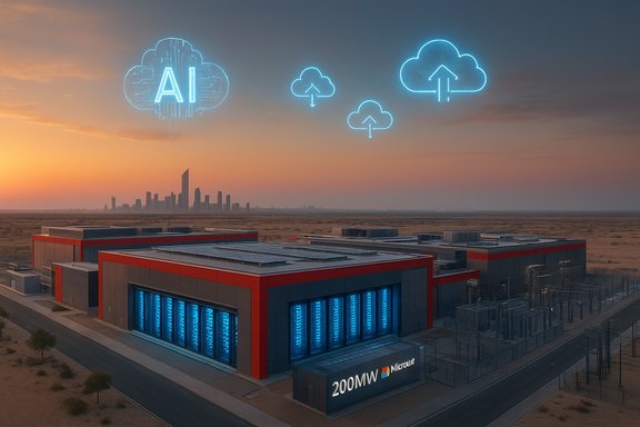 Desert data center beneath glowing AI cloud icons in the sky. Desert data center beneath glowing AI cloud icons in the sky.