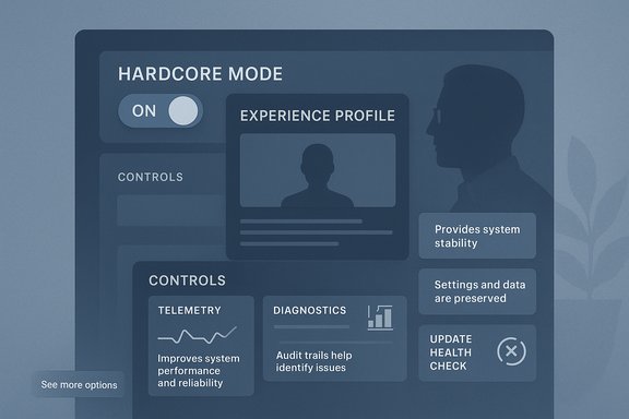 Dark blue dashboard UI featuring a Hardcore Mode toggle and an experience-profile panel.