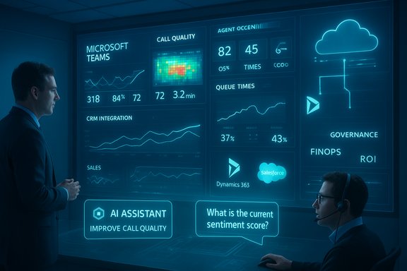 Two professionals monitor a neon blue wall of dashboards with Teams, CRM, cloud data, and AI tools.