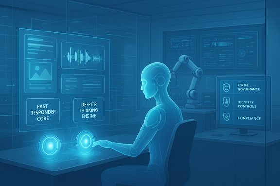 A humanoid robot at a holographic control desk, monitoring futuristic dashboards and a robotic arm.