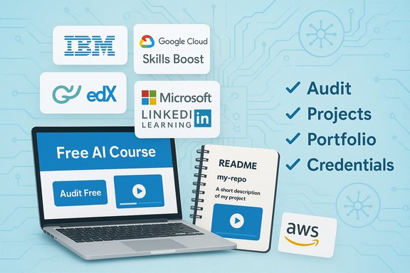 Tech training collage featuring IBM, Google Cloud, edX, LinkedIn Learning, AWS, and a Free AI course.