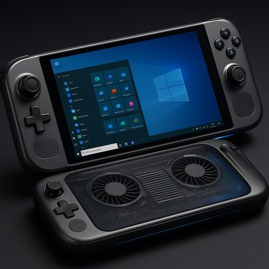 A handheld Windows gaming console with a top screen and dual cooling fans beneath.