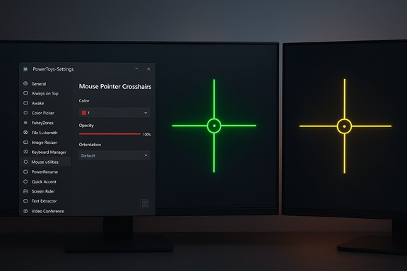 PowerToys Settings: Mouse Pointer Crosshairs window with a green crosshair on the left monitor and yellow on the right.