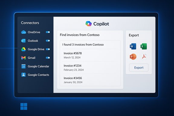 Copilot UI displays invoice findings with connectors on the left and export options on the right.