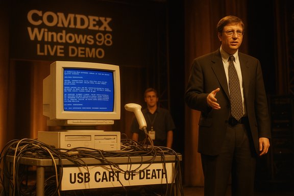 Suit-clad presenter demos Windows 98 at COMDEX beside a blue-screen PC labeled “USB Cart of Death.”