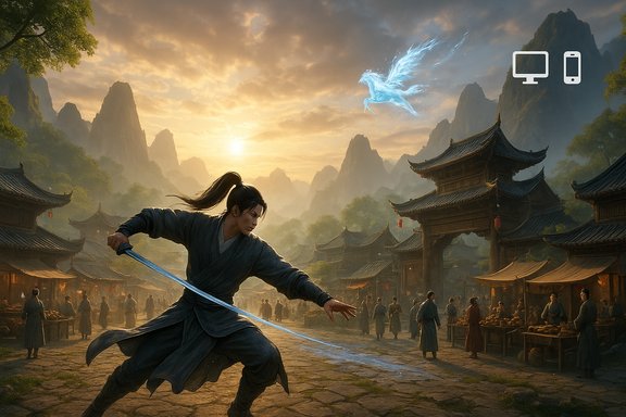 A lone swordsman in dark robes lunges through an ancient village at sunset as a blue phoenix soars above.
