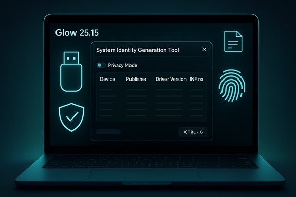 A futuristic laptop screen displaying a System Identity Generation Tool UI with neon blue security icons.