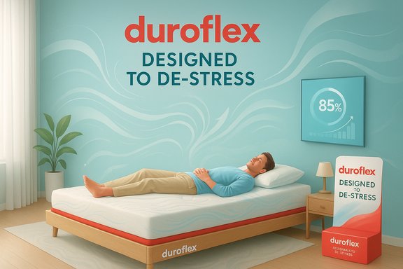 Man relaxing on a duroflex bed in a teal showroom, under 'Designed to De-Stress' branding.