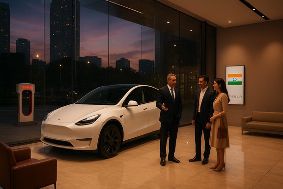 Executives discuss beside a white Tesla in a modern showroom at dusk.