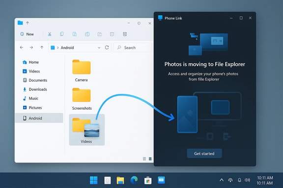 Windows 11 desktop with File Explorer showing Android folders and a Phone Link setup panel.