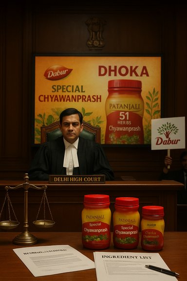 A Delhi High Court judge sits at the bench with Chyawanprash jars on the desk and ads behind. A Delhi High Court judge sits at the bench with Chyawanprash jars on the desk and ads behind.