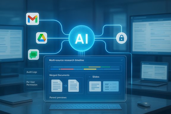 A futuristic AI interface connecting Gmail, Drive, chat, and secure access for a multi-source research timeline.