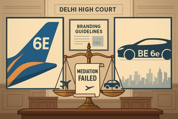 Delhi High Court scene with branding guidelines posters and a scale showing Mediation Failed between a 6E plane and BE 6e car.