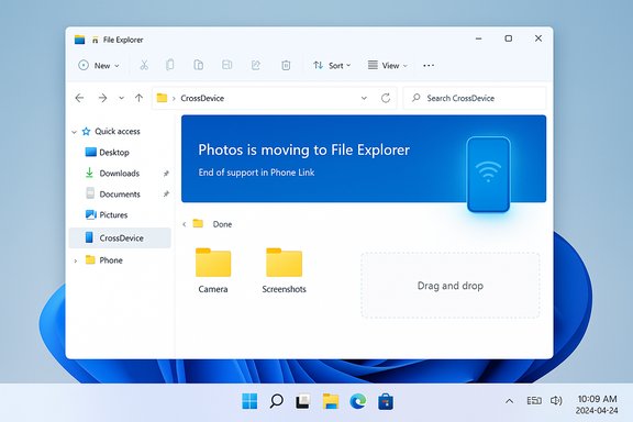 Windows 11 File Explorer showing CrossDevice with a banner reading 'Photos is moving to File Explorer.'