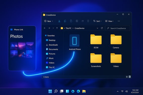 Dark Windows File Explorer showing Android Phone Link and photo folders.