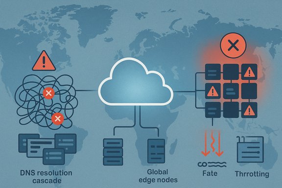 Cloud-network illustration showing DNS resolution cascades, global edge nodes, and throttling.