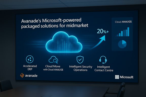 Promotional slide for Avanade/Microsoft cloud solutions for midmarket, featuring a glowing cloud and a growth arrow.