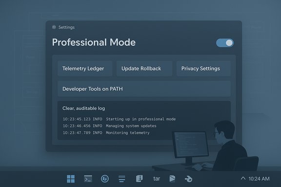A dark blue settings window titled 'Professional Mode' with option buttons and a toggle switch.