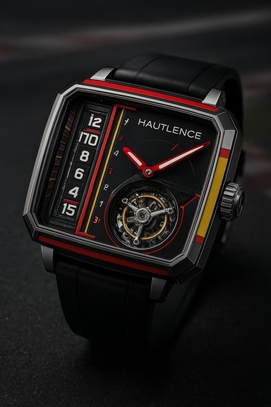 A square, black-dial HauteLence watch with red hands, color accents, and a visible tourbillon.