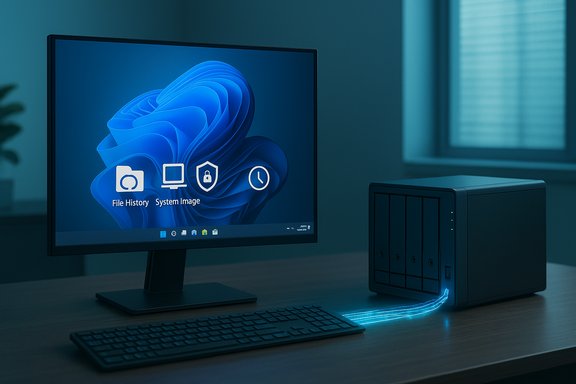 Windows PC setup with a multi-drive NAS connected by a glowing blue cable.