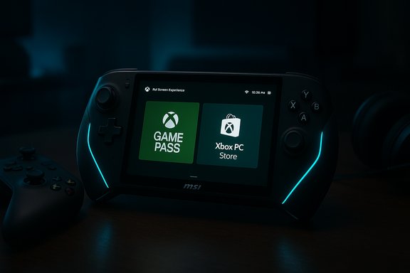 MSI handheld console showing Game Pass and Xbox PC Store tiles with blue LED edges. MSI handheld console showing Game Pass and Xbox PC Store tiles with blue LED edges.