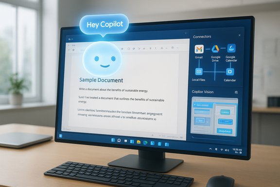 A computer monitor displays a document editor with a glowing “Hey Copilot” chat bubble.