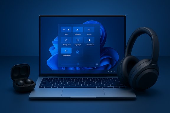 Blue-toned laptop with Windows quick settings on screen, flanked by wireless headphones and earbuds. Blue-toned laptop with Windows quick settings on screen, flanked by wireless headphones and earbuds.