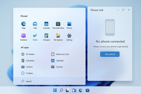 Windows 11 desktop with Start menu pinned apps and a Phone Link window.