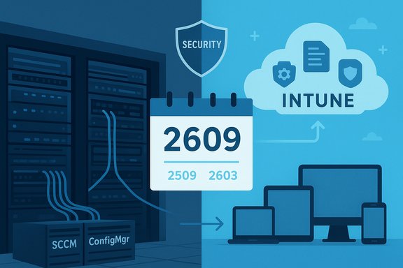 IT security and cloud management scene featuring Intune, SCCM, and devices linked to servers.