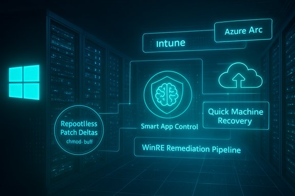 Neon blue holographic diagram in a data center showcasing cloud and security tools like Intune and Azure Arc.